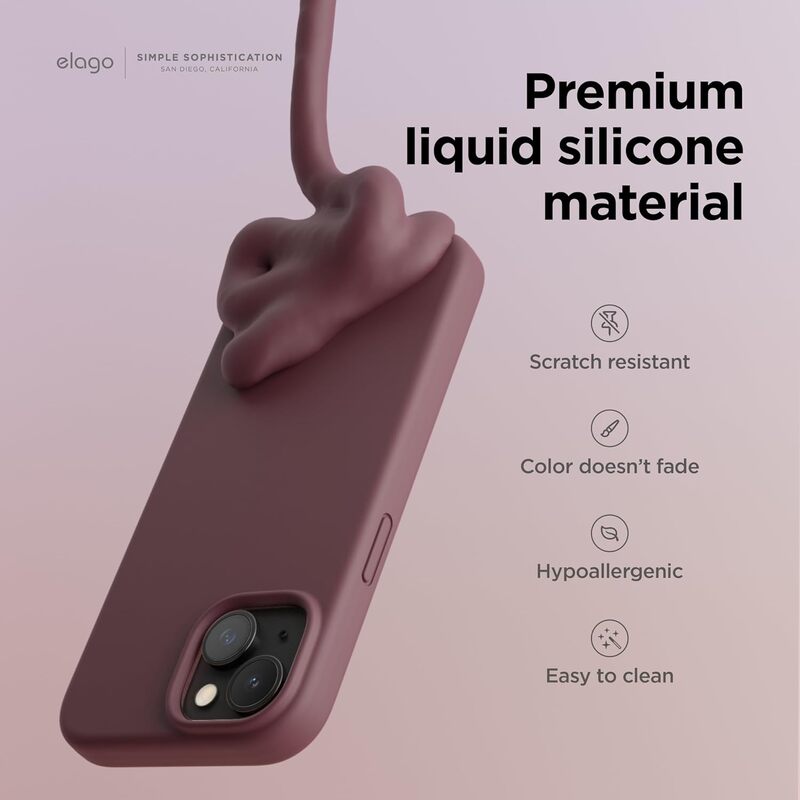 Elago Liquid Silicone for iPhone 15 Case Cover Full Body Protection, Shockproof, Slim, Anti-Scratch Soft Microfiber Lining - Burgundy